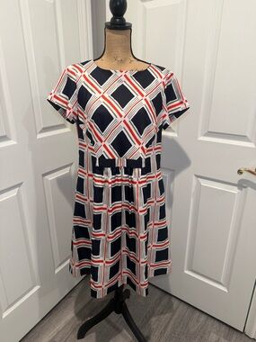 Donna Morgan Navy, Red & White Geometric Short-Sleeve Fit-and-Flare Dress